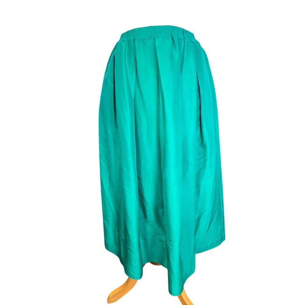 Vintage Snazzie Silk Midi Skirt Teal Pockets Elastic Waist Made in Canada Size 8